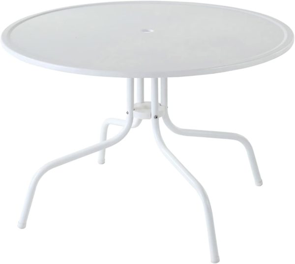 Retro Metal Round Outdoor Dining Table with Umbrella Hole for Outside Patio, Alabaster White