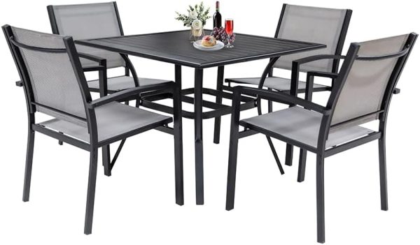 5 Piece Patio Dining Set,Outdoor  4  Chairs & 1 Square 38"x 38" Metal Slatted Table with 1.5" Umbrella Hole,Outside Porch Deck Balcony Backyard Set for 4