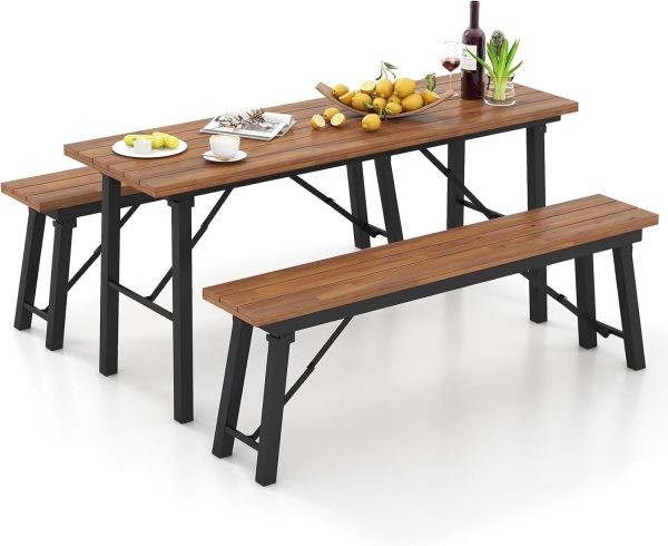 Outdoor Dining Table With Benches for 4-6 Persons, No Assembly Foldable 59 Inches Narrow Patio Dining Table with Acacia Wood Top & Heavy Duty Metal Frame, for Yard, Garden, Poolside or Indoor