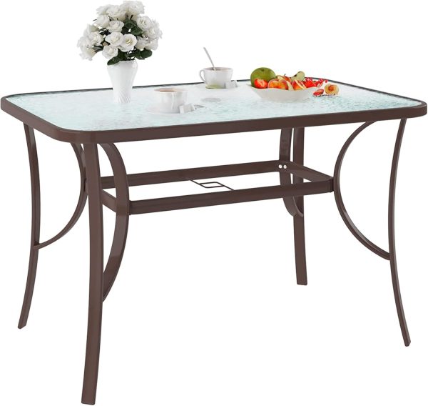 Outdoor Tempered Glass Table Patio Dining Table with Umbrella Hole Steel Frame 47 inch Brown