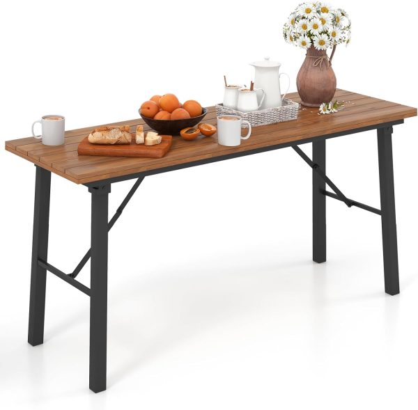 Folding Picnic Table Acacia Wood Dining Table with Metal Frame, Portable Camping BBQ Table, Rectangular Dining Table for Indoor Outdoor Activities Garden Yard Patio