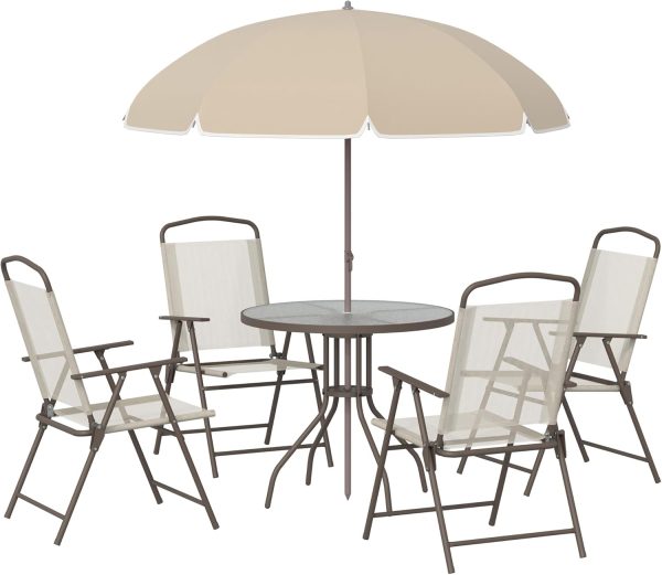 6 Piece Patio Dining Set for 4 with Umbrella, Outdoor Table and Chairs with 4 Folding Dining Chairs & Round Glass Table for, Backyard and Poolside, Beige