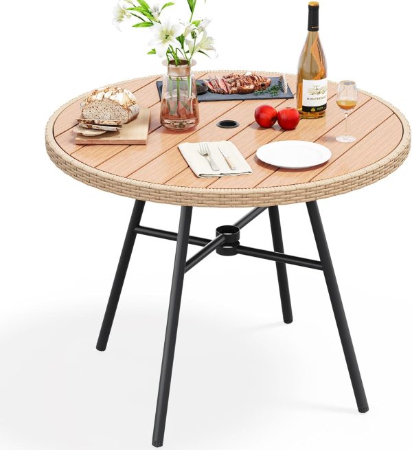 Round Patio 36.6'' Dining Wood Table for 4-Person w/1.96" Umbrella Hole, Rattan Wrapped Tabletop and Sturdy Iron Frame Perfect for Lawn Backyard