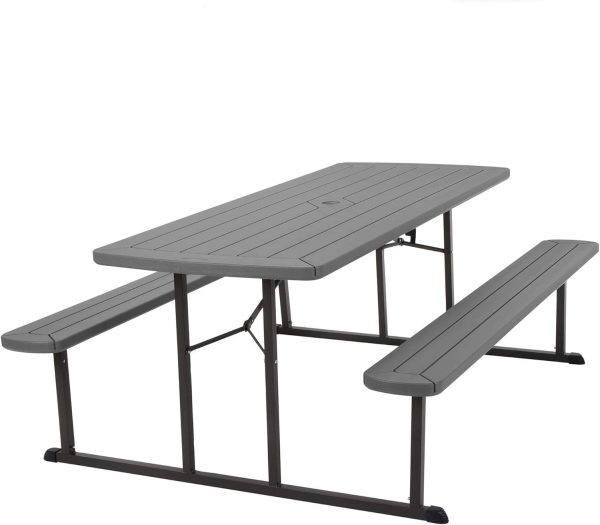 6 ft. Folding Picnic Table, Dark Gray Wood Grain Resin with Gray Steel Legs
