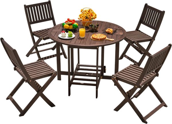 5 PCS Patio Furniture, Patio Dining Set Acacia Wood Outdoor Table and Chairs, with 4 Folding Chairs and 37" Round Movable Table, Outdoor Dining Set for Lawn, Balcony, Garden (Deep Brown)