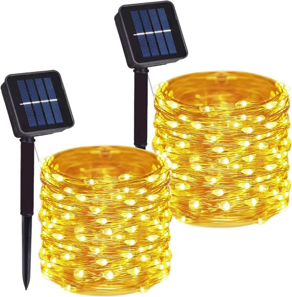2 Pack Total 200 LED 66FT Solar Powered Copper Wire String Lights Outdoor, Waterproof, 8 Modes Fairy Lights for Garden, Patio, Party, Yard, Christmas (Warm White)