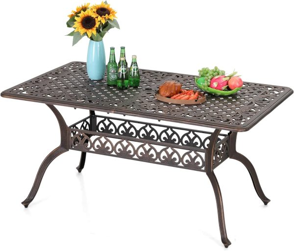 6-Person Cast Aluminium Outdoor Dining Table Rectangular, Patio Bistro Table with 1.97" Umbrella Hole, Bronze