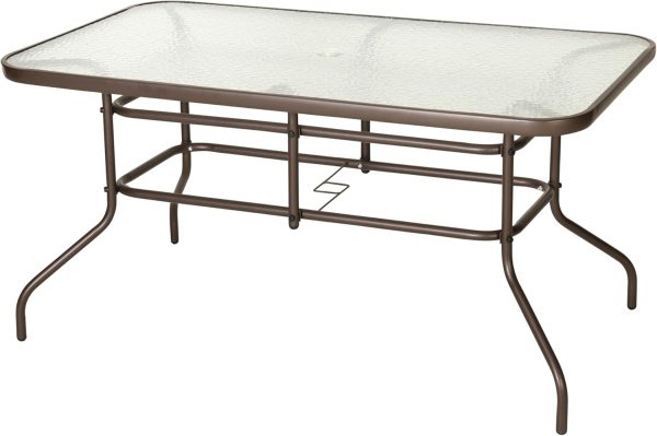 31.5" x 55" Rectangular Tempered Glass Metal Table with Umbrella Hole, Bronze