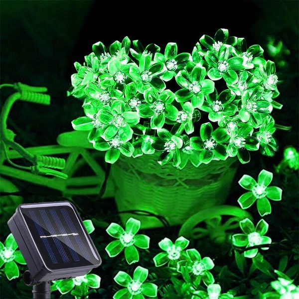 Solar Flower String Lights - Green Outdoor Waterproof 50 LED St. Patrick's Day Fairy Lights for Garden, Patio, Fence, Yard (Green)