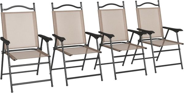 Folding Patio Chairs, Set of 4 Sports Chairs for Adults, Camping Chairs with Armrests, Breathable Mesh Fabric Seat for Lawn, Brown