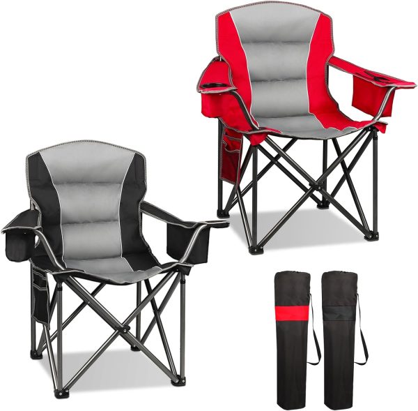 2 Pack Oversized Camping Chair, Padded Portable Chairs Heavy Duty Camping Folding Chairs w/Cooler Bag & Cup Holder, Support 400 LBS for Outdoor, Fishing & Garden (Red & Black)