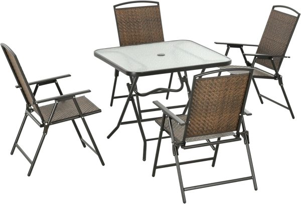 5 Pieces Wicker Patio Dining Set, Foldable Outdoor Table and Chairs, Wicker Furniture Dining Set with Umbrella Hole, Tempered Glass Table, Dark Brown