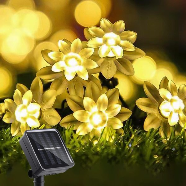 Solar Flower String Lights Outdoor Waterproof 50 LED Upgraded Flower Fairy Light for Garden Fence Patio Yard Christmas Tree Lawn Party (Warm White)