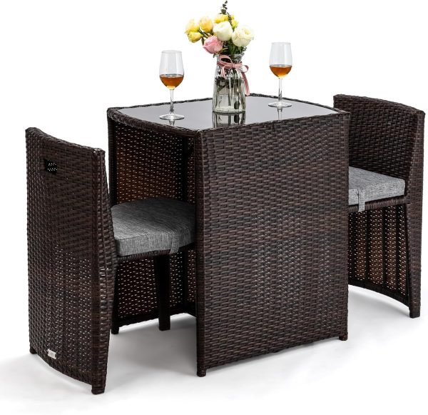 3 PCS Wicker Outdoor Patio , Patio  Set for Small Space with Glass Top Table Dining Chairs, Balcony  Patio Table and Chairs Set of 2 for Yard Porch (Brown)