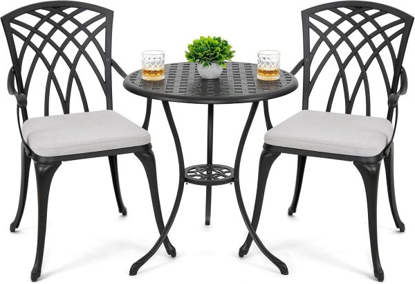3 Piece Outdoor Cast Aluminum Patio  Patio Table and Chairs Set of 2 with Umbrella Hole and Gray Cushions, Black