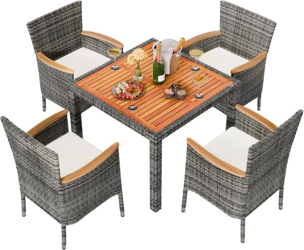 5 Piece Patio Dining Set, Wicker Patio Conversation Set with Wooden Table Top, Outdoor Table and Chairs with Soft Cushions for Backyard, Deck and Garden, Grey Wicker