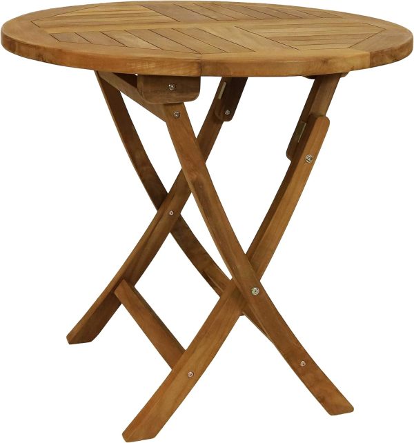 Round Folding Solid Teak Outdoor Dining Table - Light Wood Stain Finish - 31 Inches