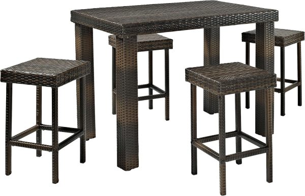 5-Piece Outdoor Dining Set for 4, Counter Height Wicker Patio Table and Stools, Brown