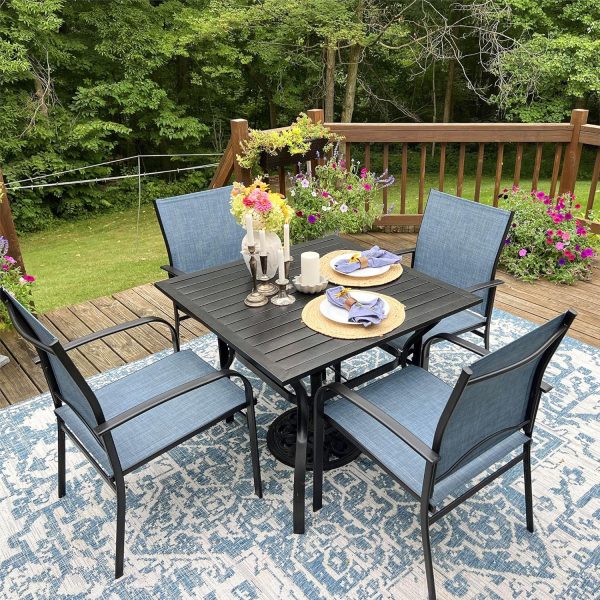 5-Piece Patio Table and Chairs Set for 4, Outdoor Dining Set with Blue Chairs and 37" Square Metal Umbrella Table for Deck Backyard Lawn